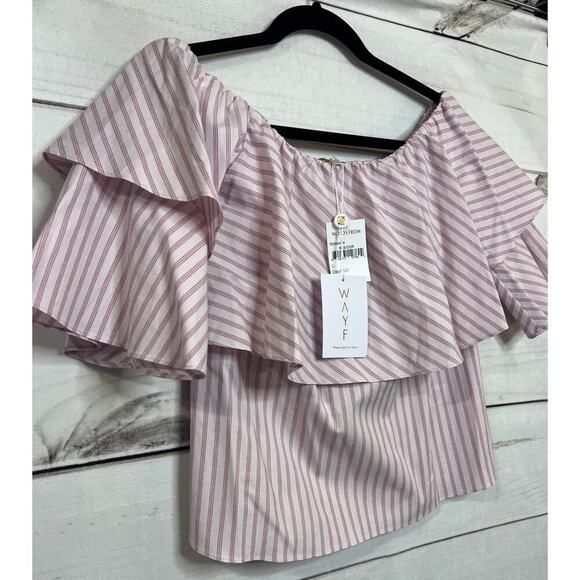 Wayf NWT Top Size Small Off the Shoulders Pink Stripes Ruffles Anthropologie - Picture 8 of 8